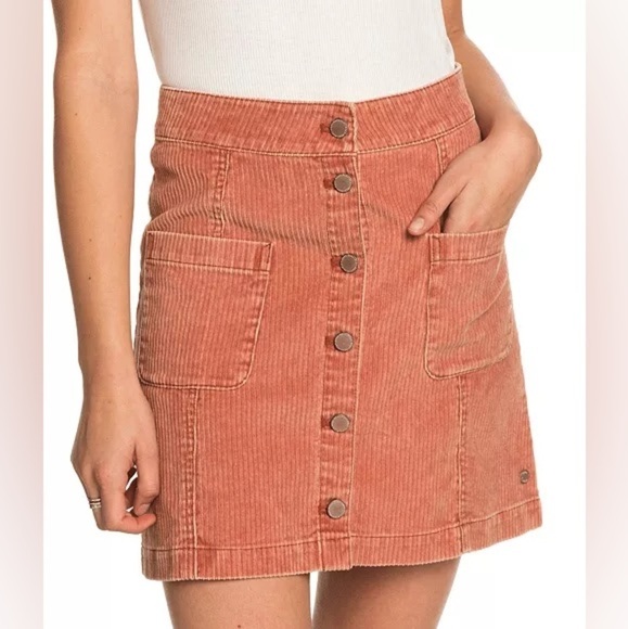 Roxy Warning Sign Button Down High Waisted Rust Corduroy Skirt Size Small - Picture 1 of 8